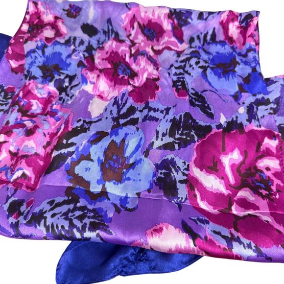 Cynthia Rowley Purple Blue Floral Rectangle 14" x 66" Satin Silky Scarf Wrap - Picture 3 of 4